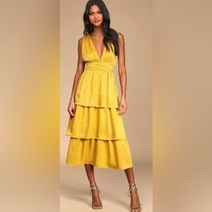 Lulus Peak Party Vibe Mustard Yellow Satin Tiered Tie-Back Midi Dress